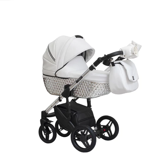 Paradise baby Euforia Premium "Diamond" multifunkciós babakocsi - Fehér eco bőr - Ezüst "Diamond" mózessel